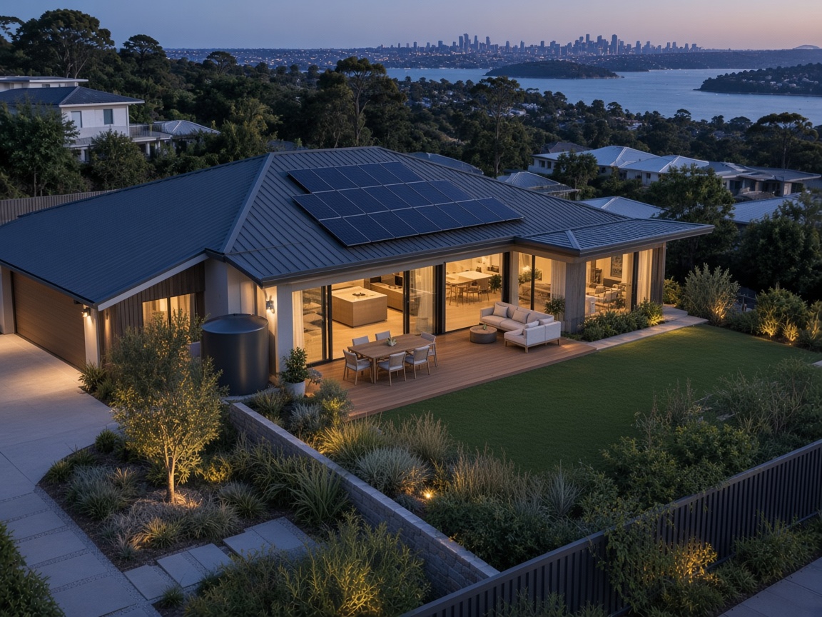A compact climate-responsive Australian home at twilight
