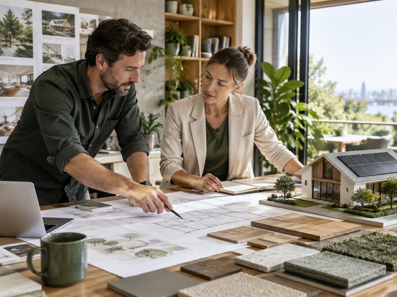An architect and energy assessor reviewing residential plans together